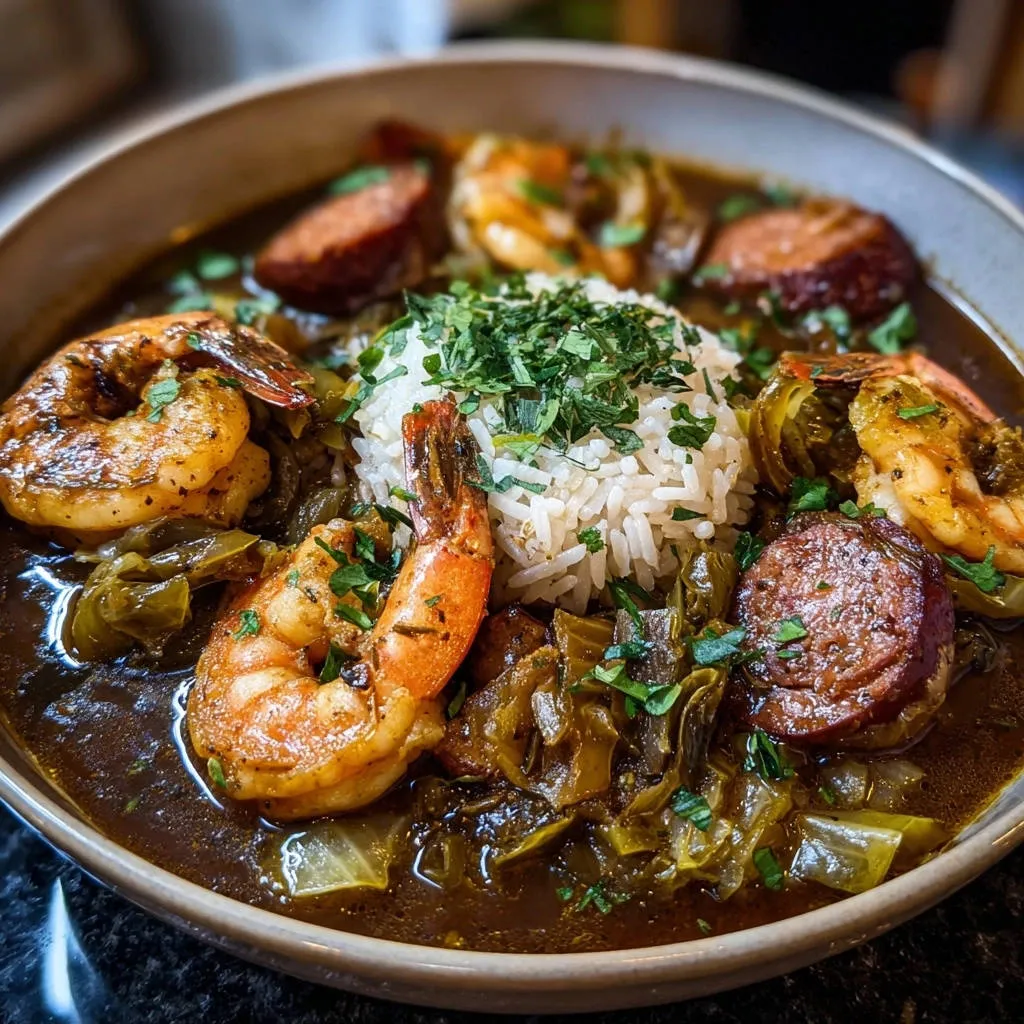 Southern style shrimp and sausage stew shown in a bowl with rice and garnished with parsley
