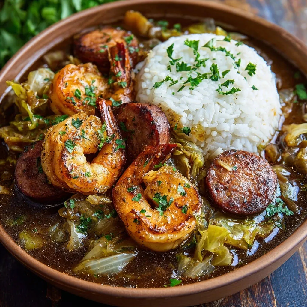 Southern style shrimp and sausage stew served in a rustic bowl with rice and garnished with parsley.