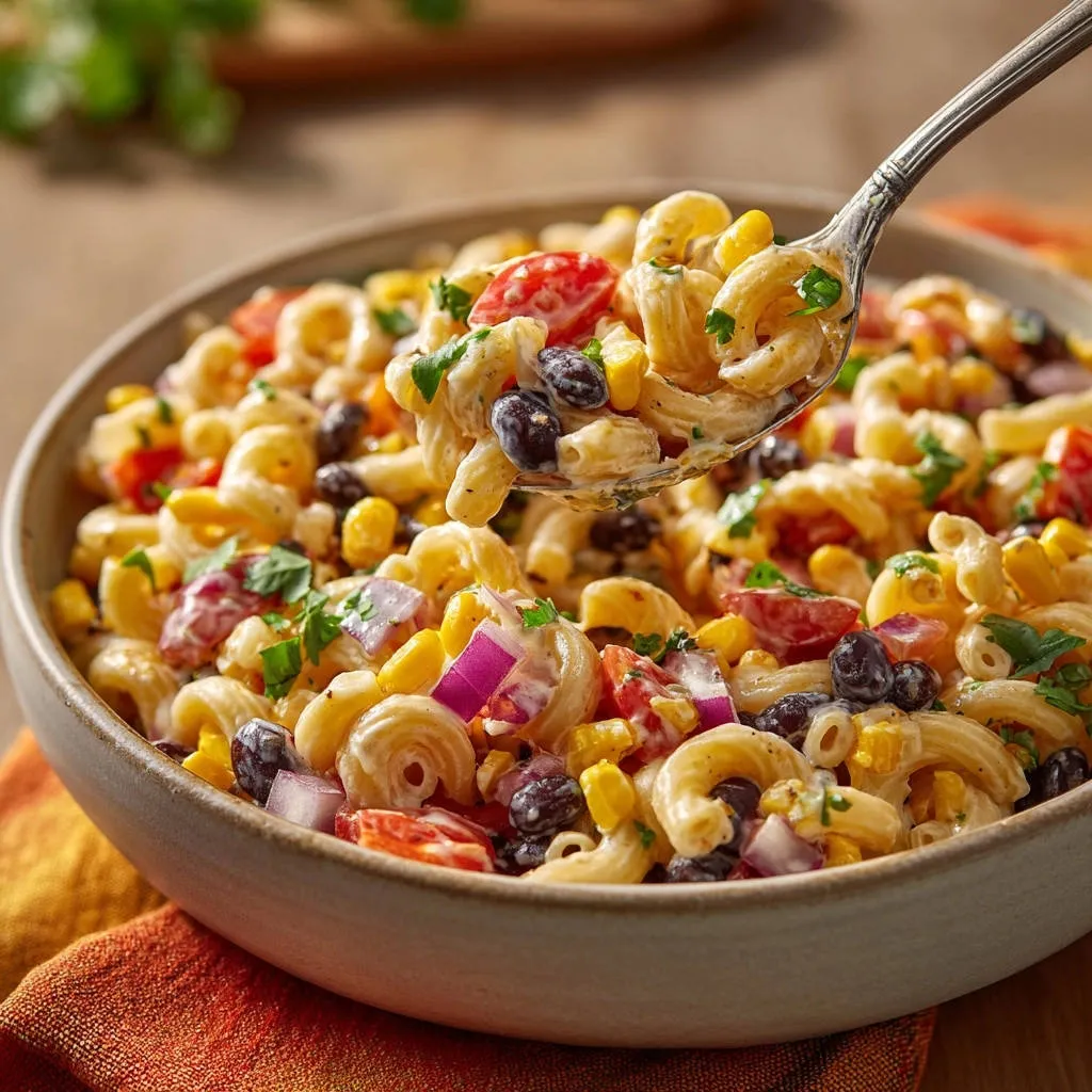 Southwestern pasta salad with corn, black beans, and tomatoes scooped onto a spoon, showcasing creamy dressing.