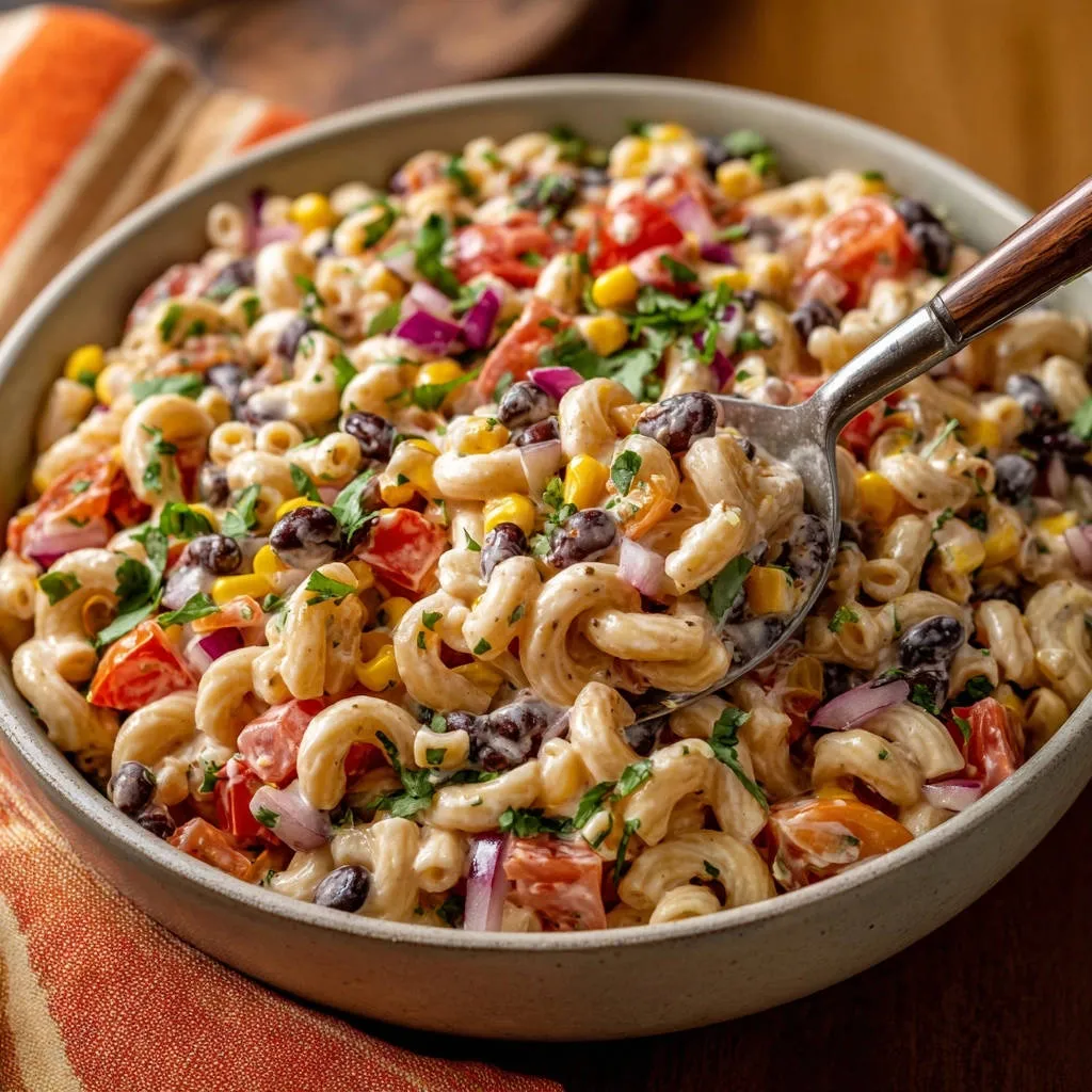 Southwestern pasta salad with black beans, corn, and tomatoes, shown in a close-up spoonful detail.