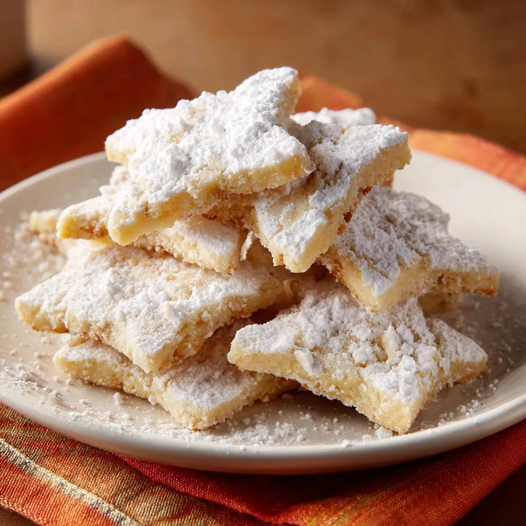 Star-shaped shortbread cookies dusted with powdered sugar piled high on a white plate.