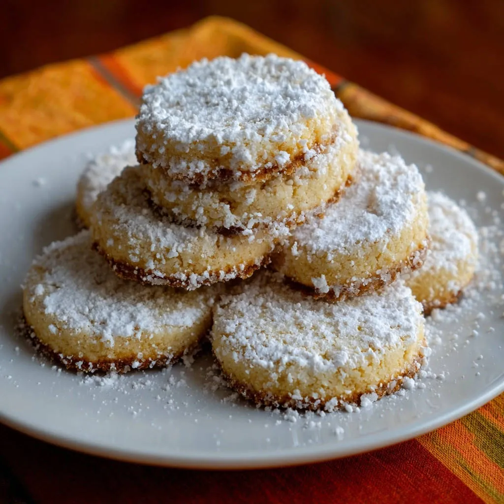 Star-shaped shortbread cookies are stacked on a white plate, generously dusted with powdered sugar.