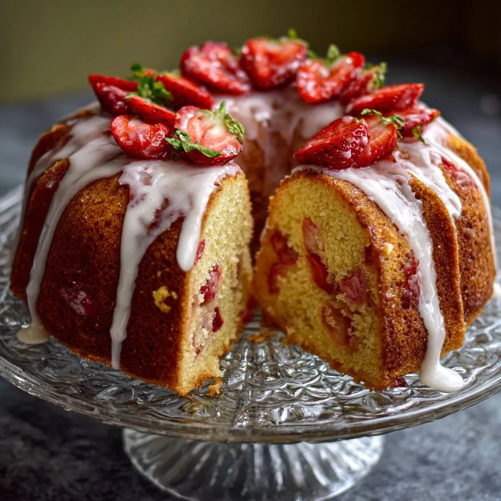 Strawberry bundt cake cross-section with white glaze and fresh strawberries on top, showcasing the moist interior.