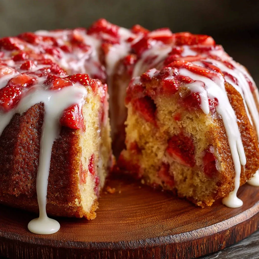 Strawberry bundt cake cross-section showing embedded berries and dripping white glaze on a wooden board.