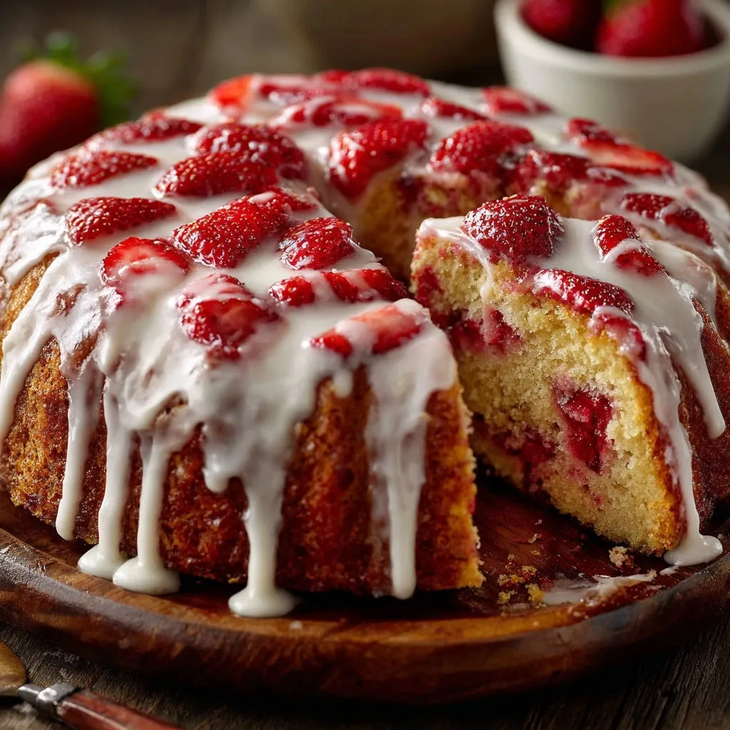 Strawberry Bundt cake cross-section showing juicy berries and drizzled white glaze on a wooden board.