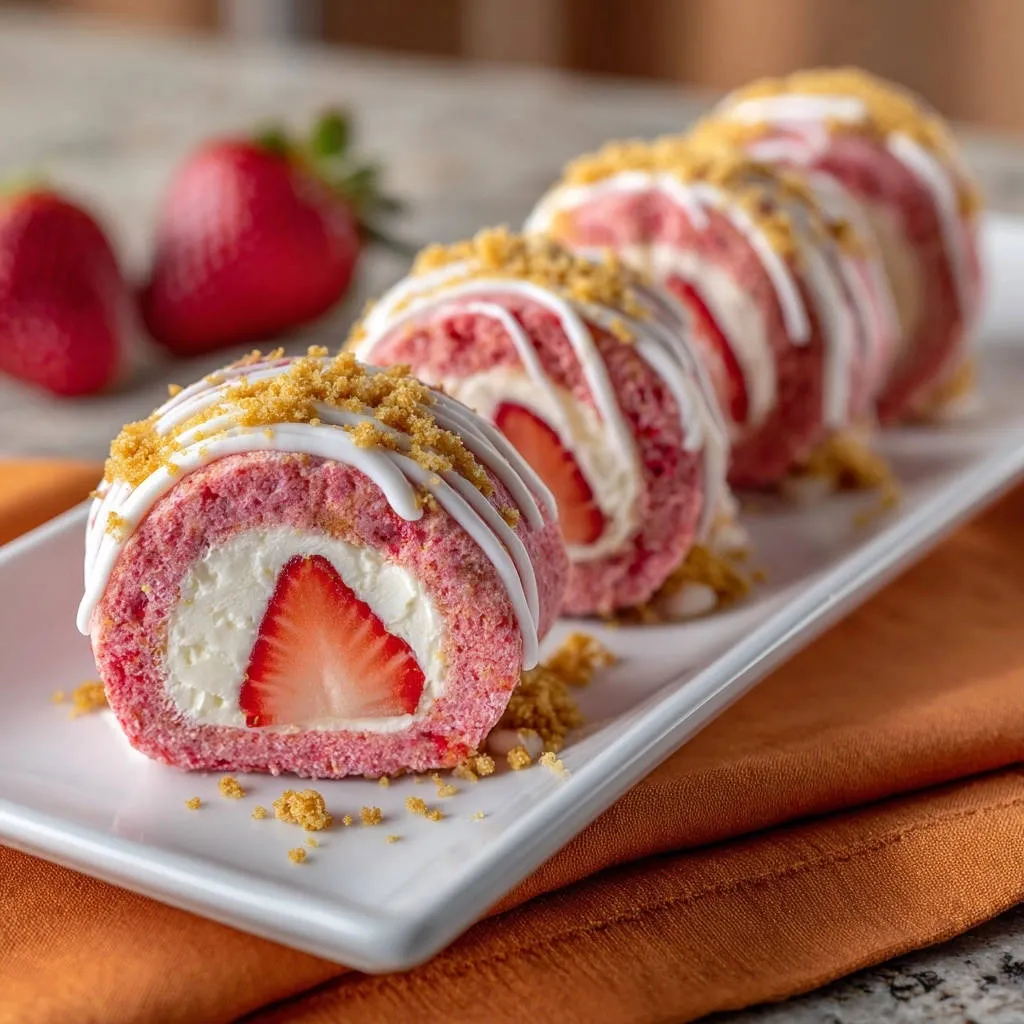 Strawberry Dream Cake Rolls: A close-up cross-section reveals fluffy pink cake swirled with cream and fresh strawberry slices.