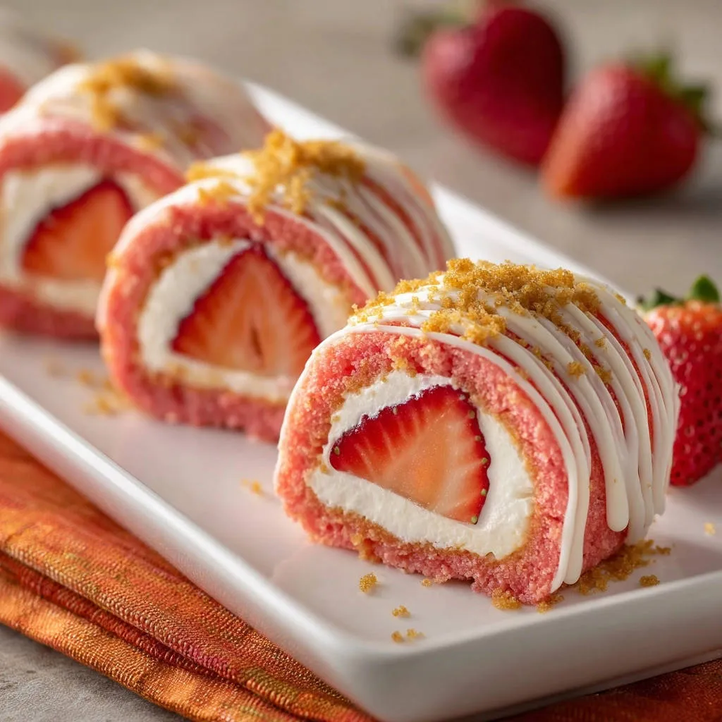 Strawberry Dream Cake Rolls cross-section showing fluffy cake, cream filling, and fresh strawberry slice.