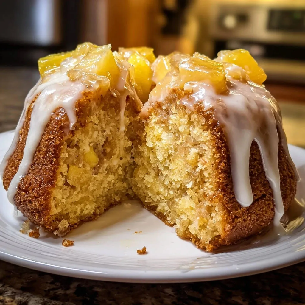 Sunshine Pineapple Bundt Cake shown in a close-up cross-section, revealing its moist crumb and pineapple chunks.