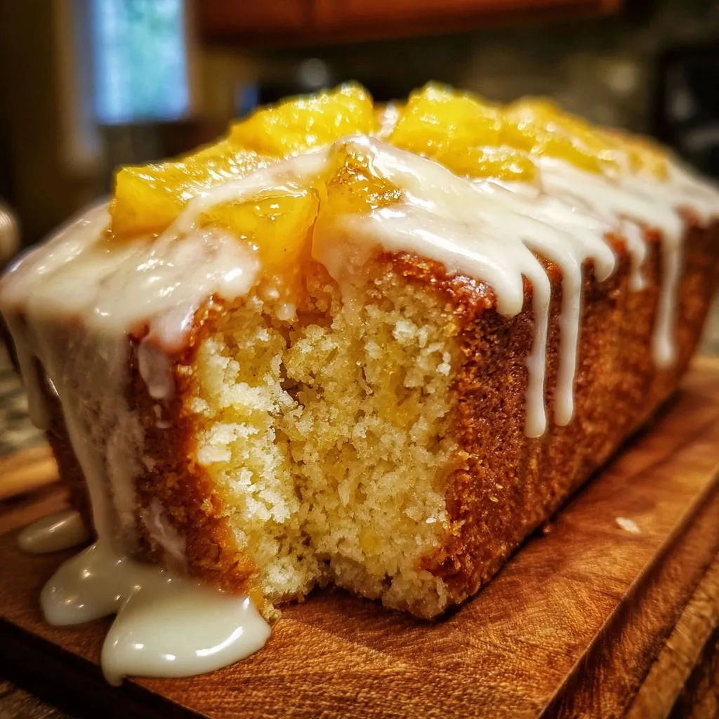 Sunshine Pineapple Bundt Cake, showcasing a moist interior with pineapple topping and drippy glaze.