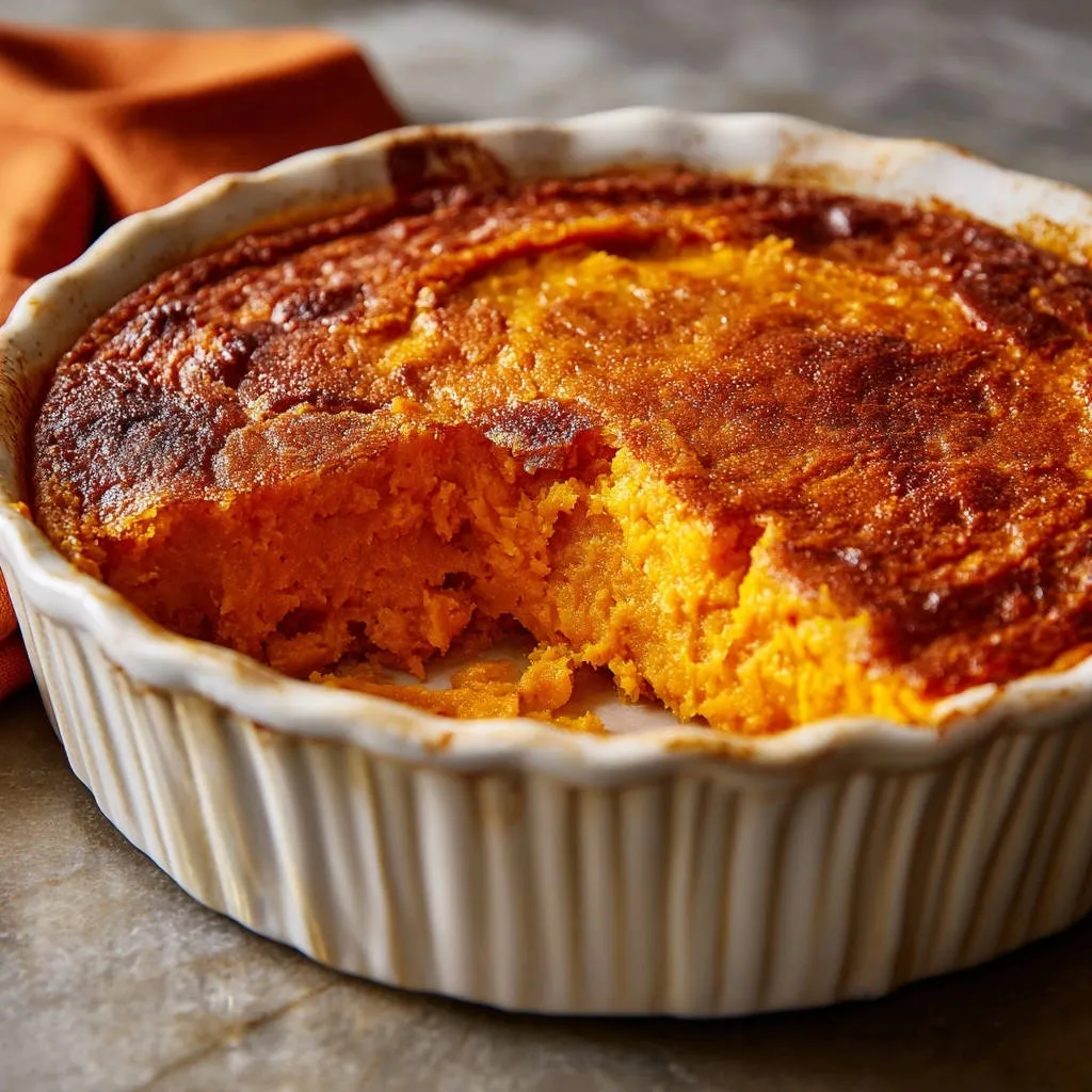 Sweet potato casserole cross-section revealing its fluffy, orange interior in a white baking dish.