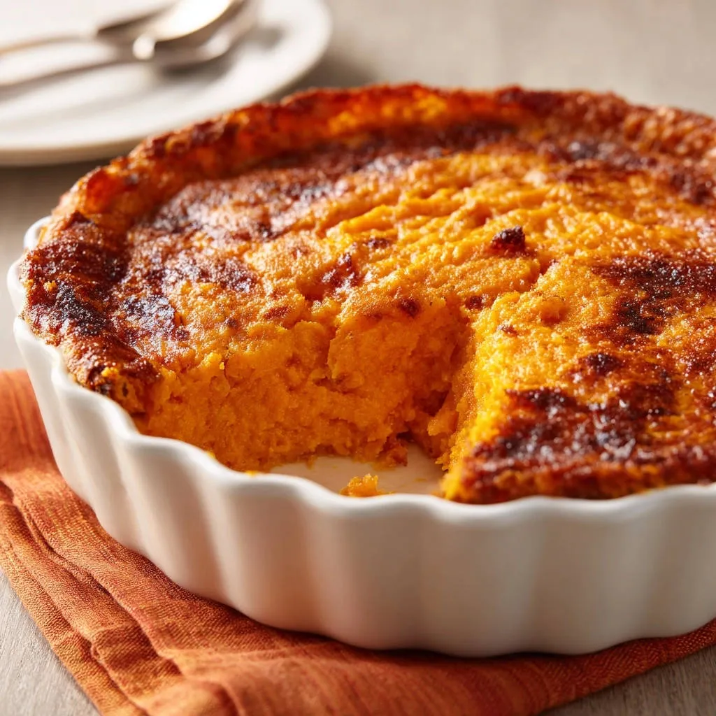 Sweet potato casserole, showcasing a fluffy interior with a slice removed to reveal its texture.