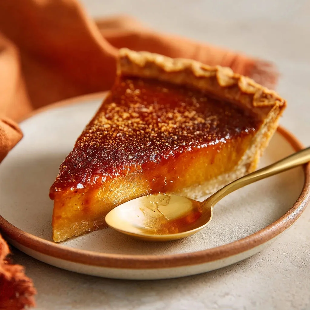Classic sweet potato pie, a single plated slice with a golden spoon, showcasing its rich filling and flaky crust.