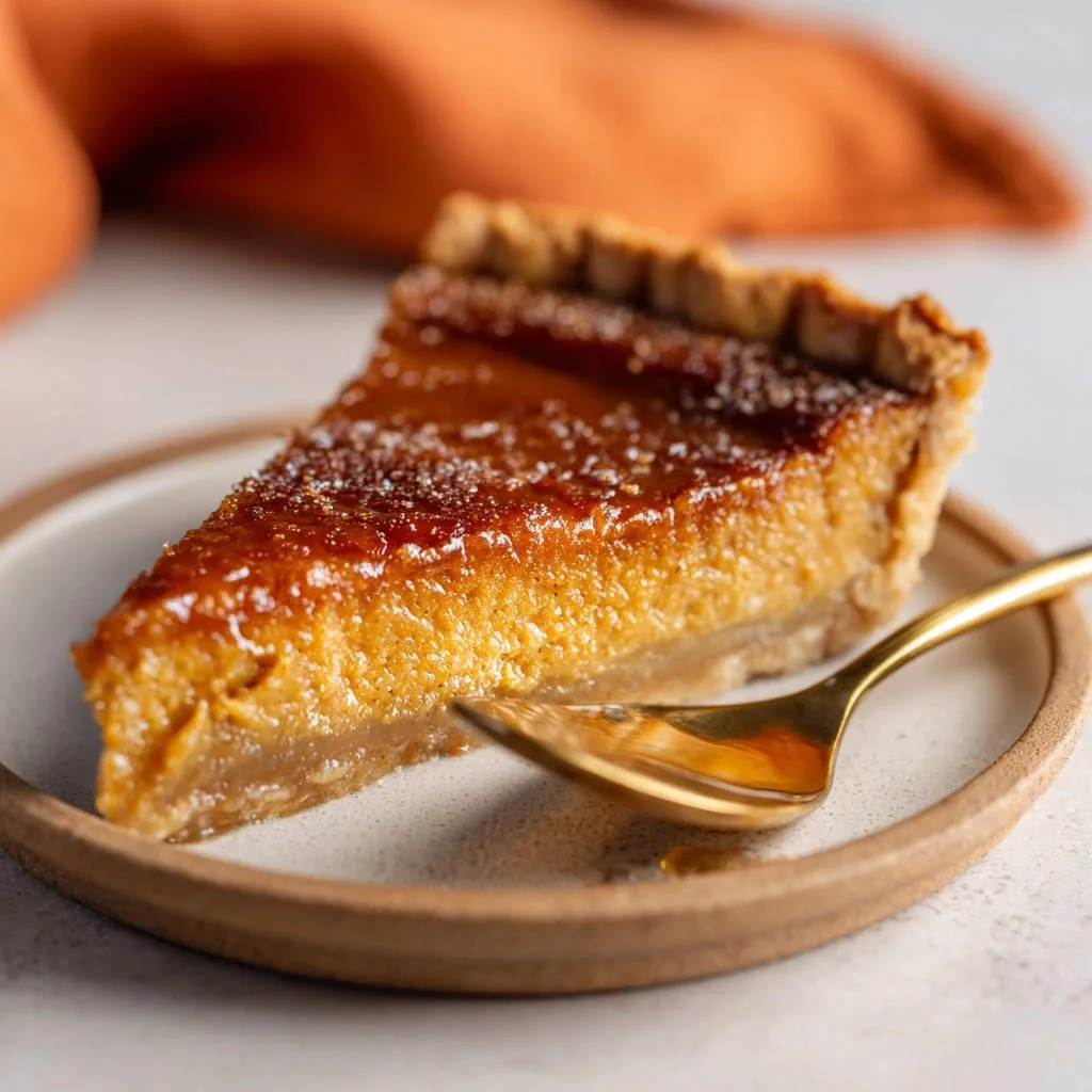 Classic sweet potato pie slice on a plate with a gold fork, showcasing the pie's texture and glaze.
