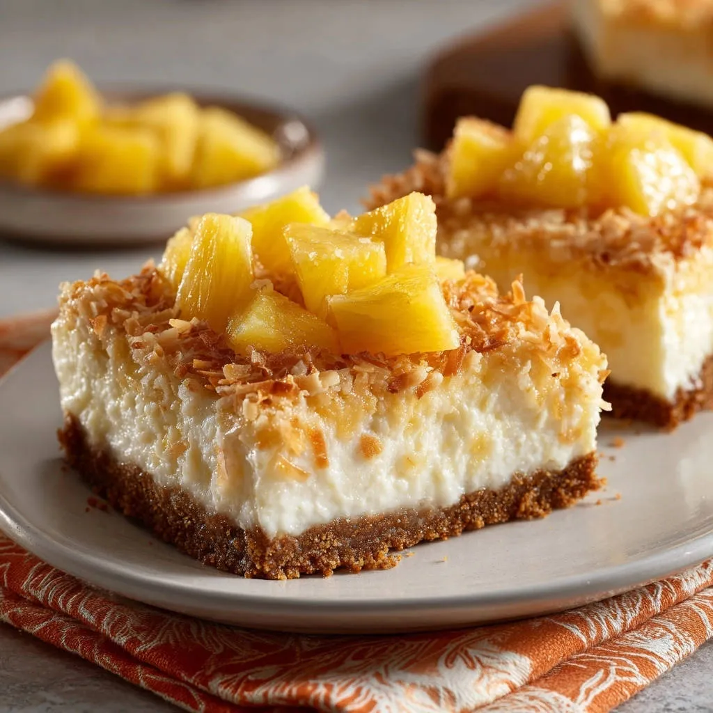 Tropical no-bake pineapple bars shown in a close-up view, highlighting a firm slice with diced pineapple topping and toasted coconut.