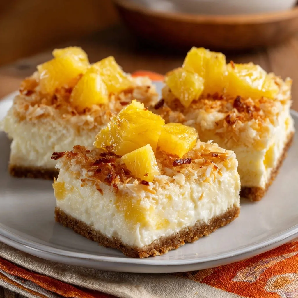 Tropical no-bake pineapple bars shown as firm slices on a white plate with a pineapple topping.