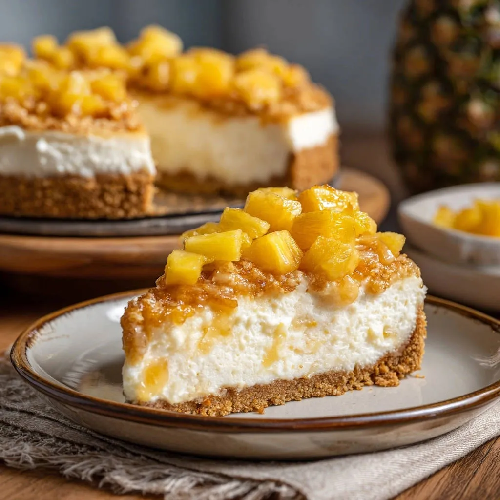 Tropical Pineapple Cheesecake: a single plated slice shows a creamy filling and pineapple topping.