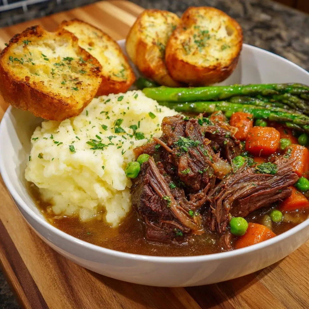 Ultimate pot roast served in a white bowl with mashed potatoes, garlic bread, and asparagus.