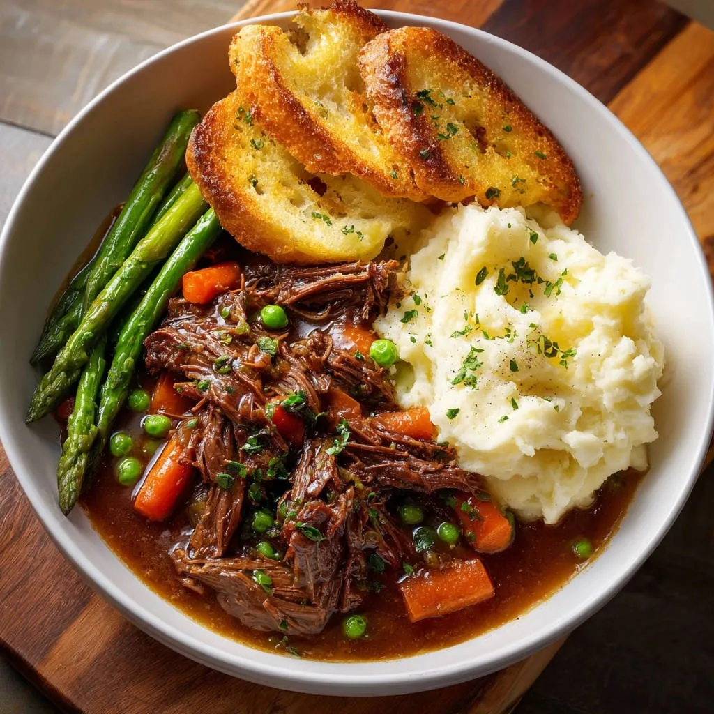 Ultimate pot roast served in a bowl with creamy mashed potatoes, bright green asparagus, and toasted bread.