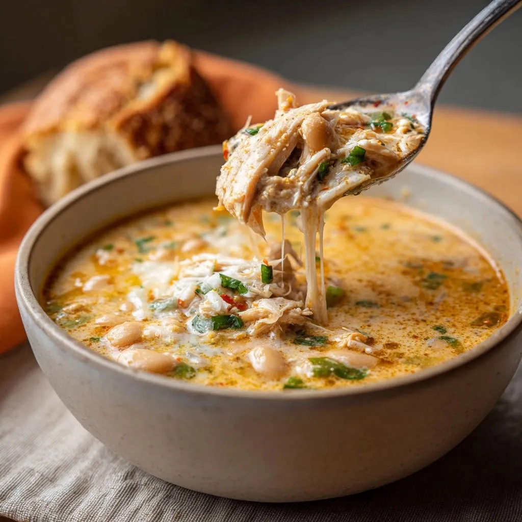 Velvety white bean chicken chili shown in a spoonful being lifted, revealing cheesy strands and tender chicken.