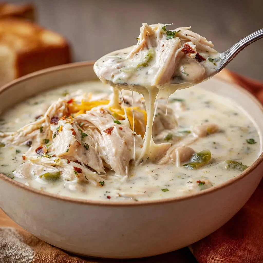 Velvety white bean chicken chili with a cheesy pull on a spoon, showcasing shredded chicken and creamy broth.