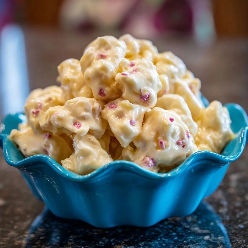 Heavenly white chocolate candy clusters with pink flecks piled high in a bright blue scalloped bowl.
