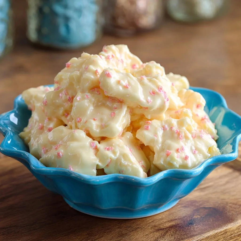 Heavenly white chocolate candy clusters with pink sprinkles in a blue bowl, showcasing their creamy texture.