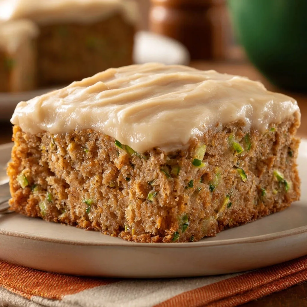 Delicious zucchini cake with creamy frosting, showing a moist cross-section with visible zucchini pieces.