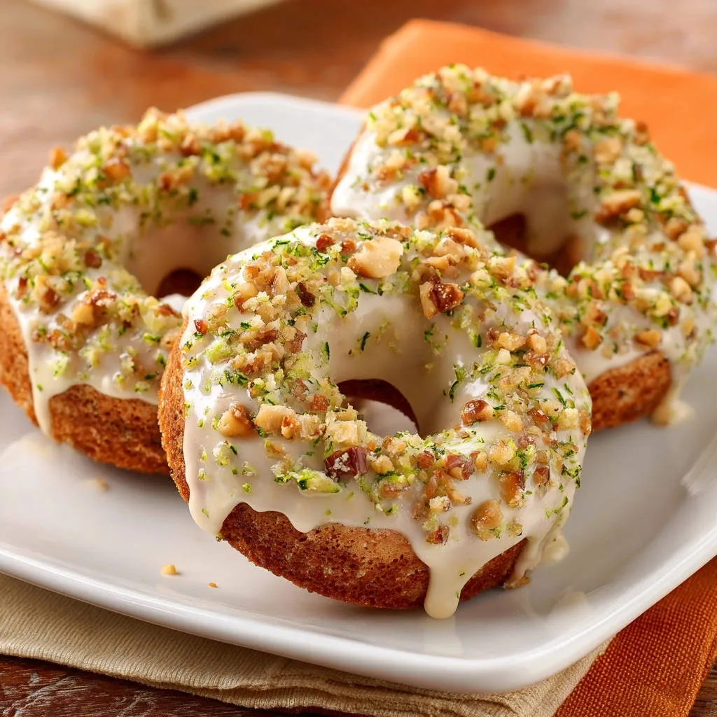 Zucchini nut donuts plated on a white dish, featuring a close-up view of three glazed donuts topped with nuts and zest.