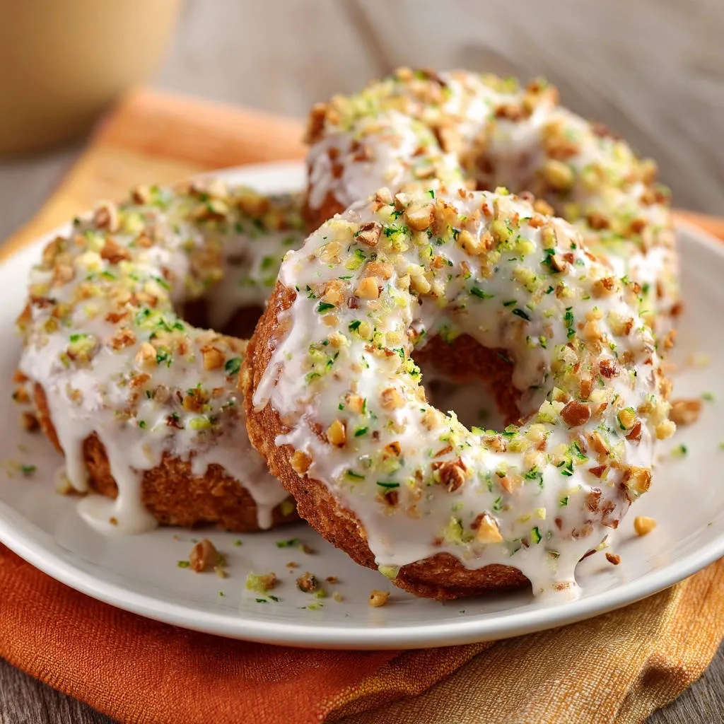Zucchini nut donuts plated with a white glaze and topped with chopped nuts and green zest.