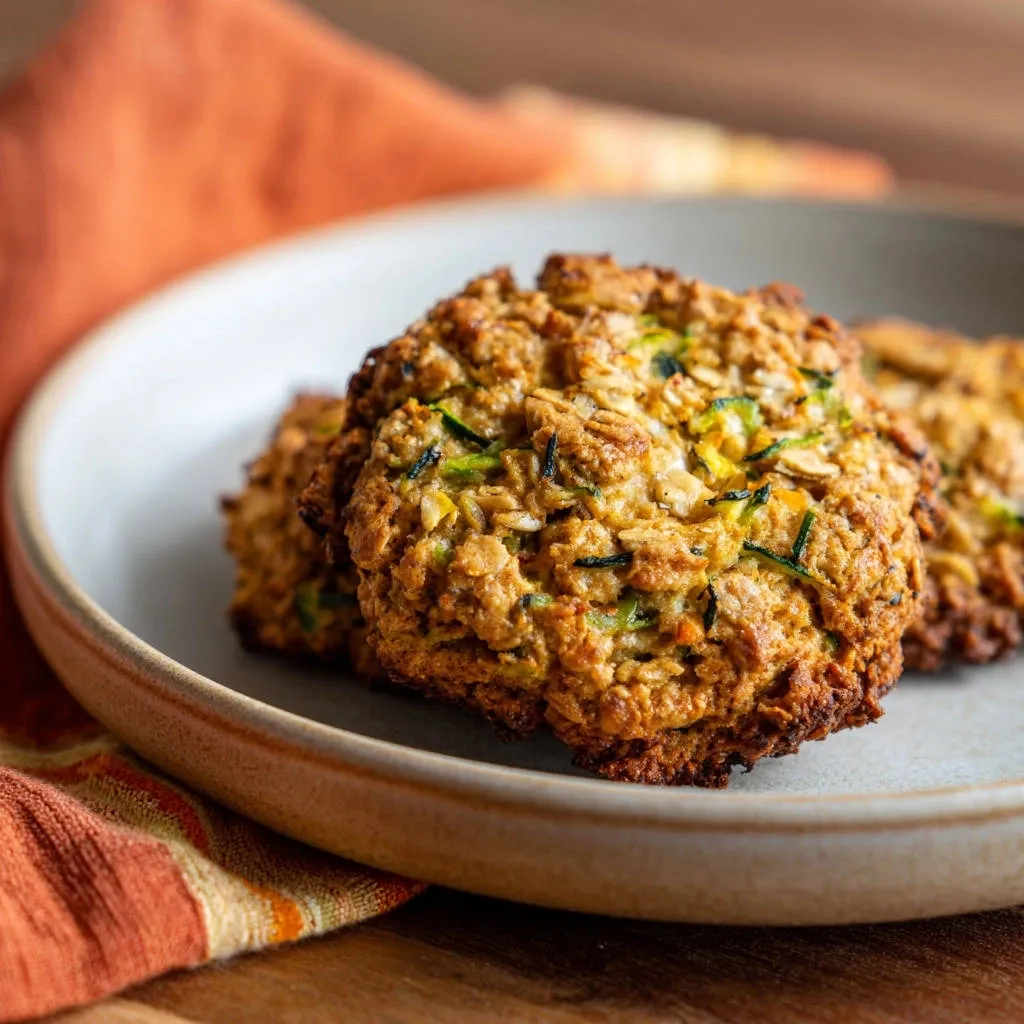 Zucchini oat cookies showing their textured, wholesome ingredients up close on a plate.