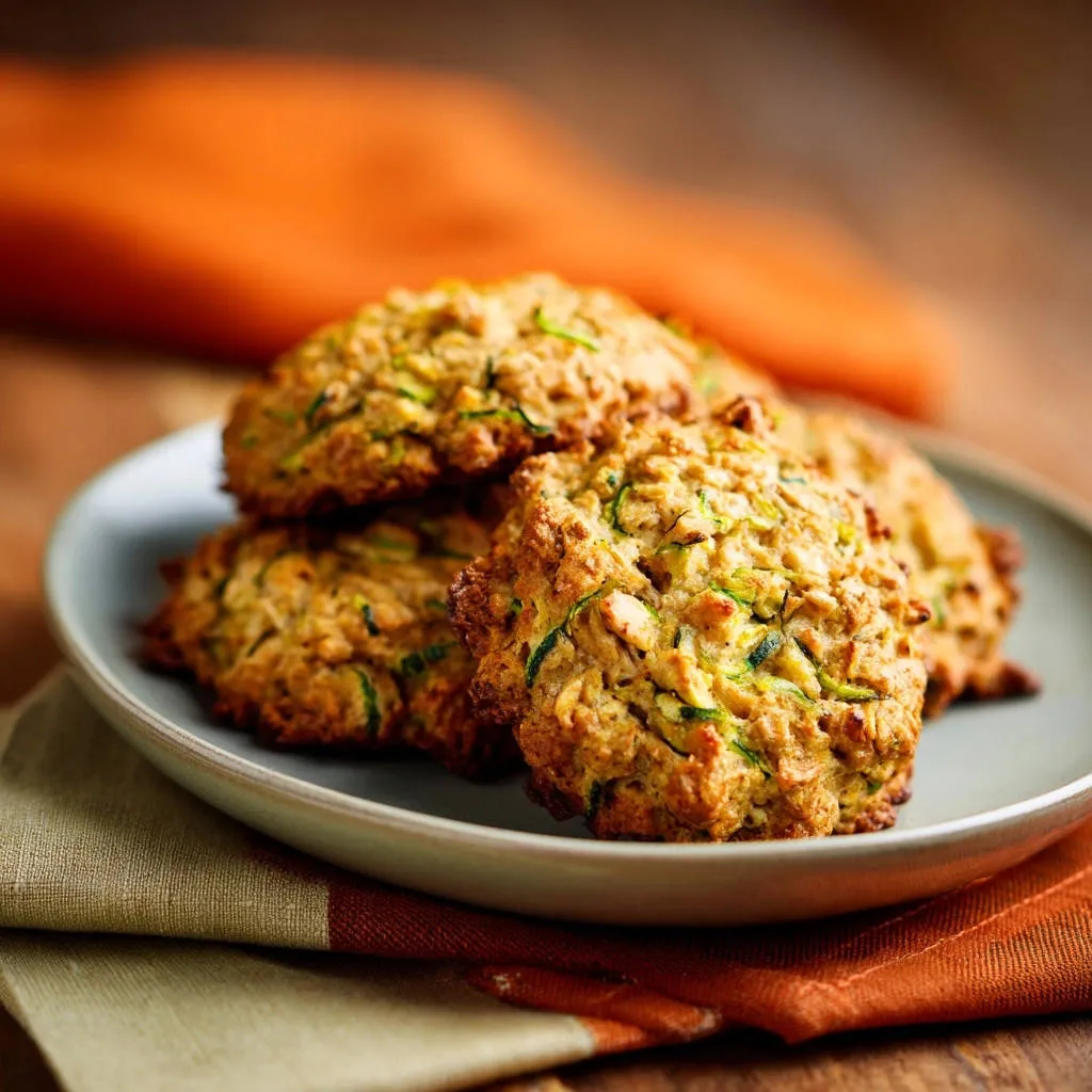 Zucchini oat cookies are stacked on a grey plate, showcasing their textured surface and green vegetable flecks.