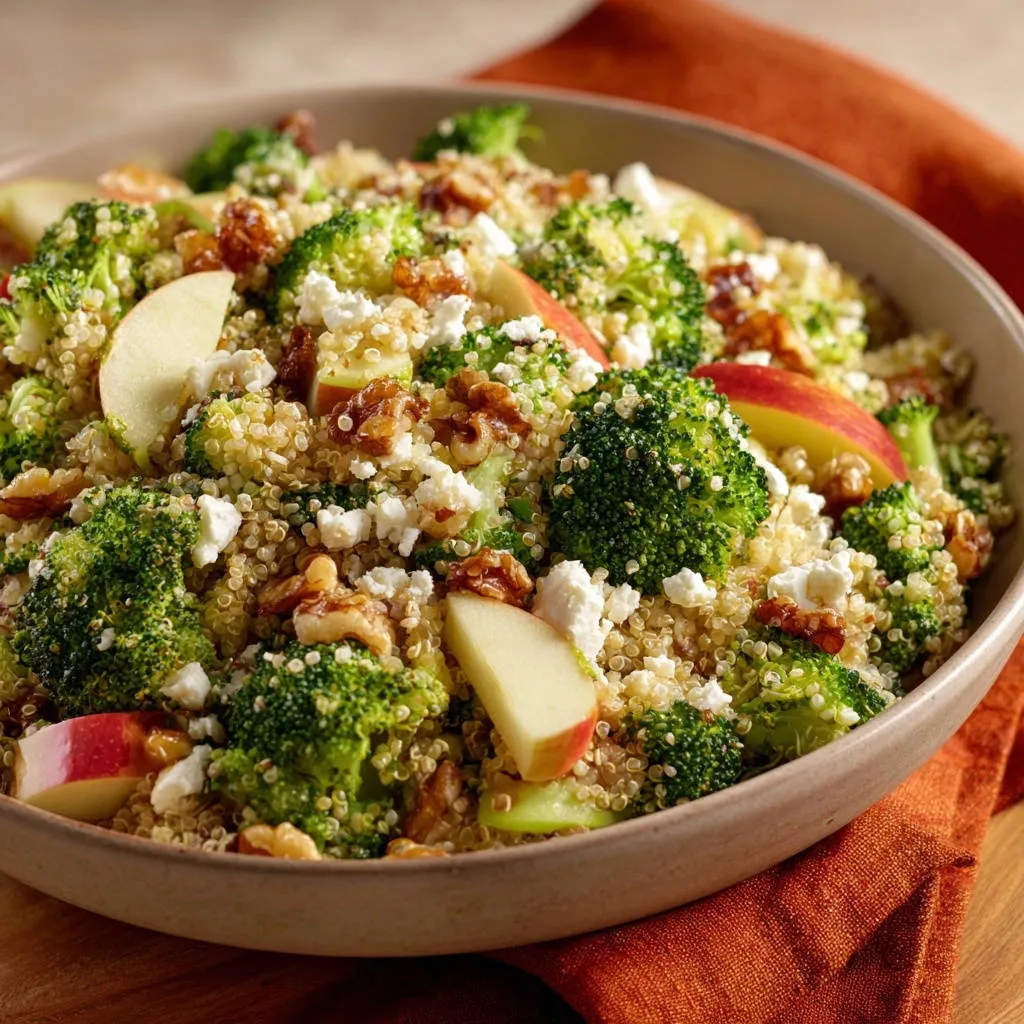 Apple broccoli quinoa salad shown in a close-up view within a bowl, featuring walnuts and feta cheese.