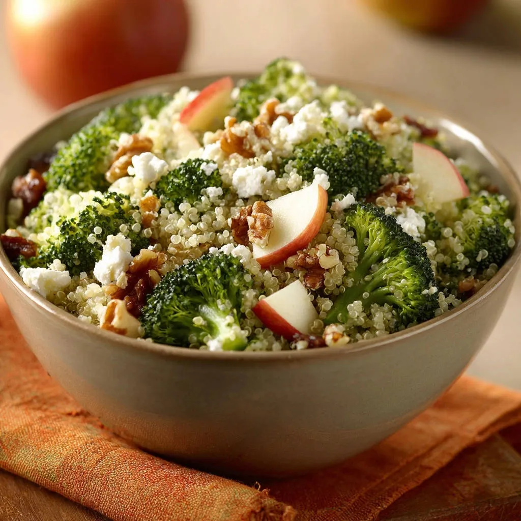 Apple broccoli quinoa salad shown in a close-up view of a rustic bowl, featuring feta and walnuts.