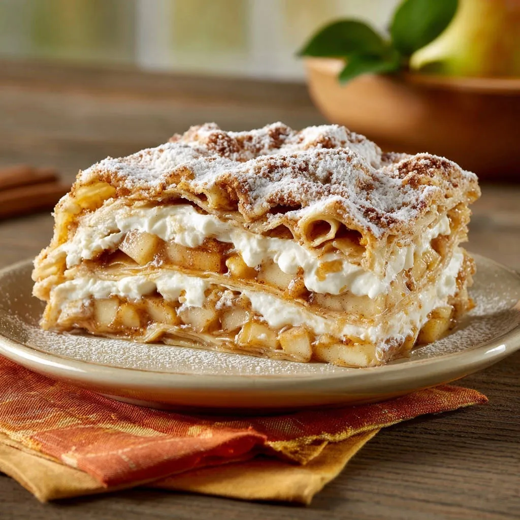 Apple cream pastry stack, a close-up cross-section revealing layers of flaky pastry, whipped cream, and spiced apple filling.