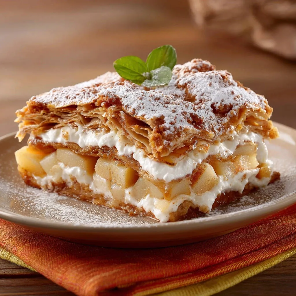 Apple cream pastry stack cross-section showing layers of flaky pastry, creamy filling, and apple pieces, dusted with powdered sugar.