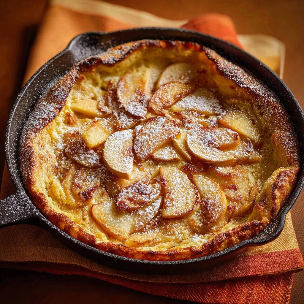 Apple Dutch baby baked in a cast iron skillet, dusted with powdered sugar.