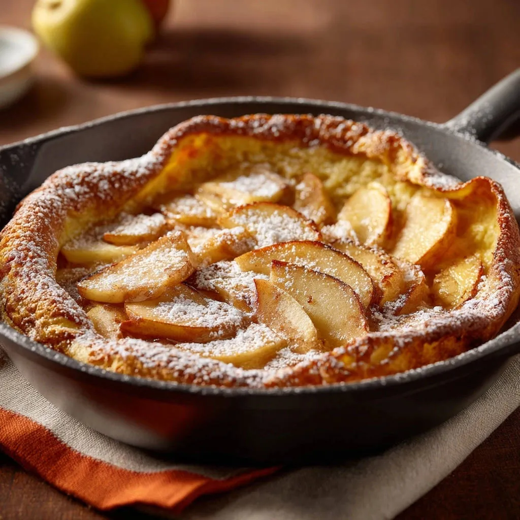 Apple Dutch baby in a cast iron skillet, dusted with powdered sugar and topped with apple slices.