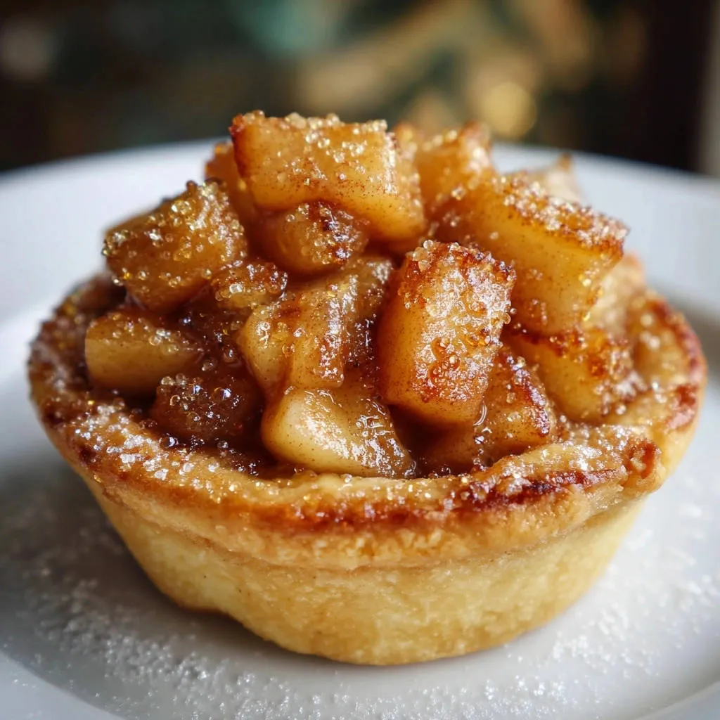 Classic apple tartlet with a close-up view of the glistening, cinnamon-spiced apple topping sprinkled with sugar.