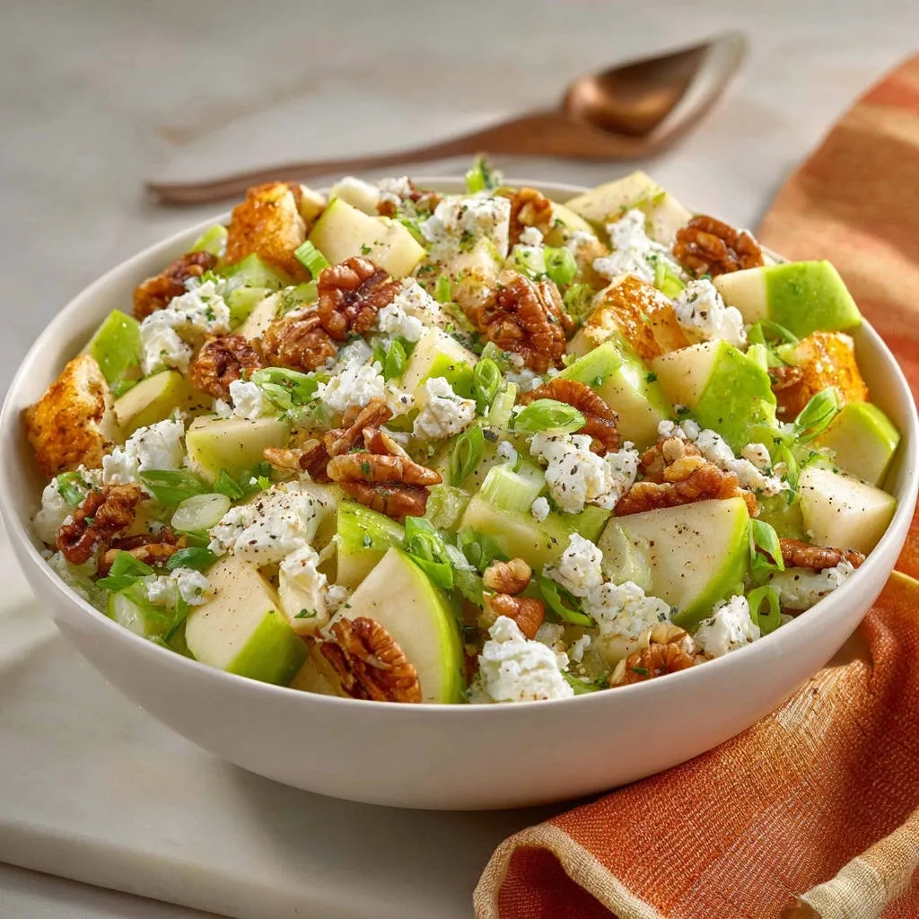 Crisp apple & walnut salad with crumbled cheese and green onions in a white bowl, presented up close.
