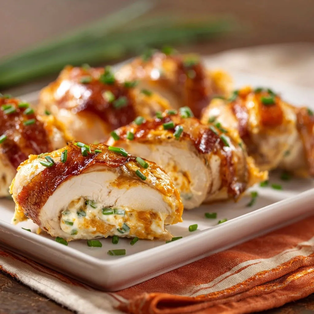 Bacon-wrapped spinach and cheese stuffed chicken shown in a close-up cross-section revealing the creamy filling.