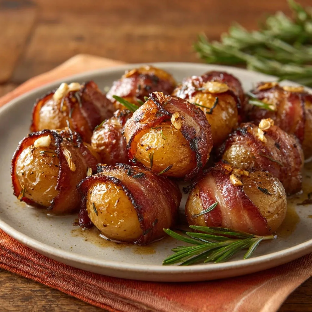 Bacon-wrapped rosemary potatoes with garlic and herbs, presented on a plate with a close-up view of the crispy bacon and tender potato.