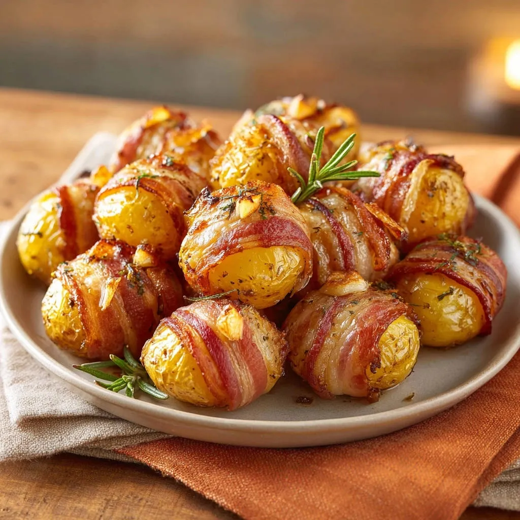 Bacon-wrapped rosemary potatoes served on a plate, showing crispy bacon and golden roasted potatoes.
