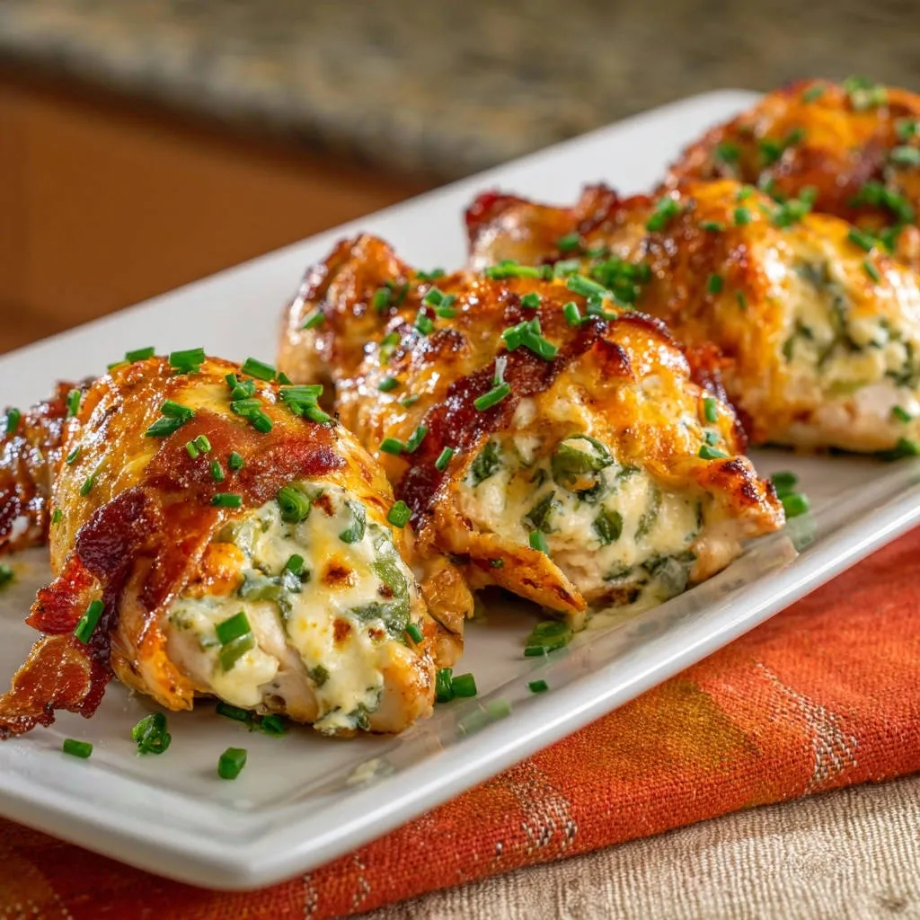 Bacon-wrapped spinach and cheese stuffed chicken showing a close-up cross-section of the creamy filling.