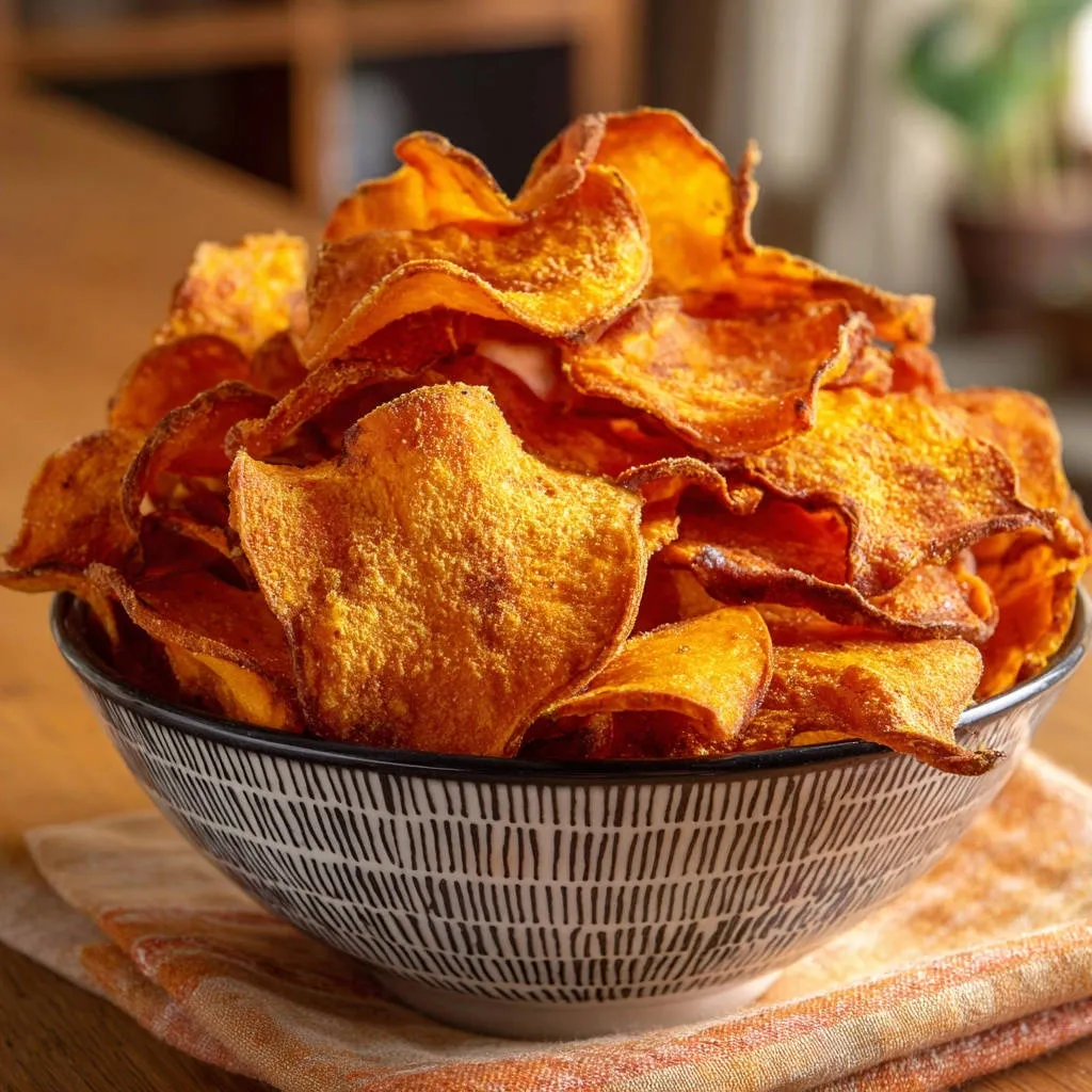 Crispy baked sweet potato chips piled high in a patterned bowl, showcasing their golden-brown texture.