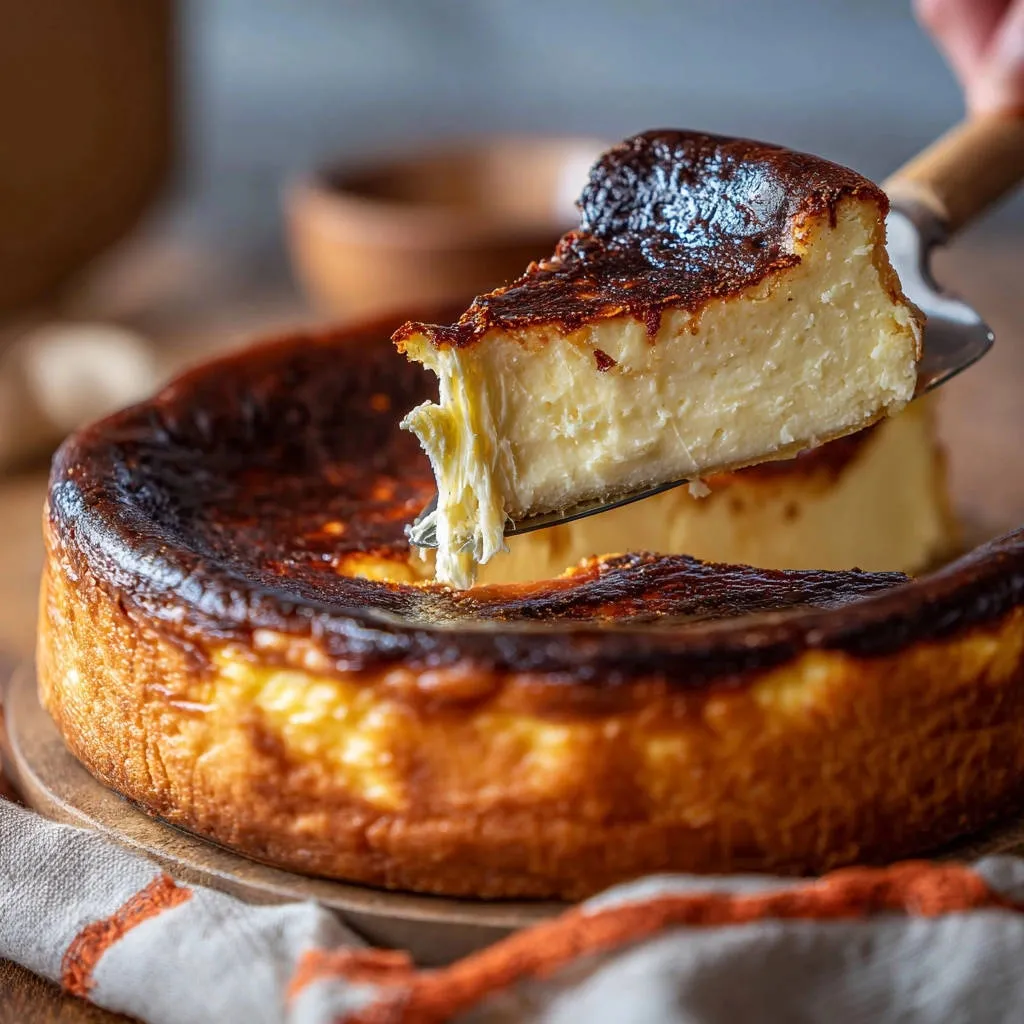 Basque cheesecake with a slice being lifted, revealing its gooey, creamy interior texture.