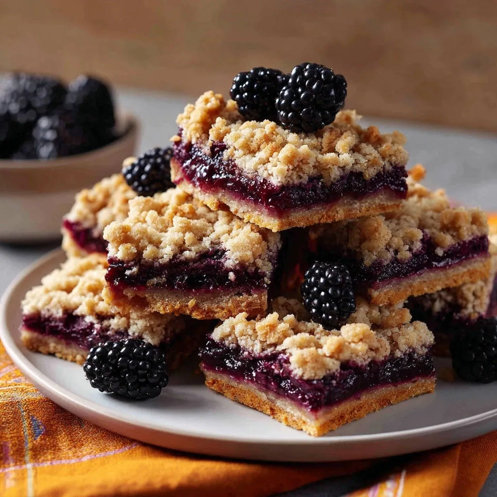 Blackberry crumble bars stacked on a plate, topped with fresh blackberries and a crumb topping.