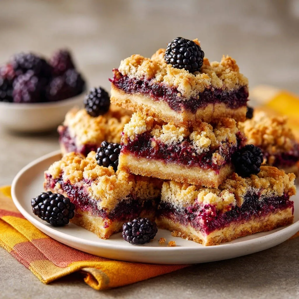 Blackberry crumble bars stacked on a white plate with fresh blackberries as garnish.