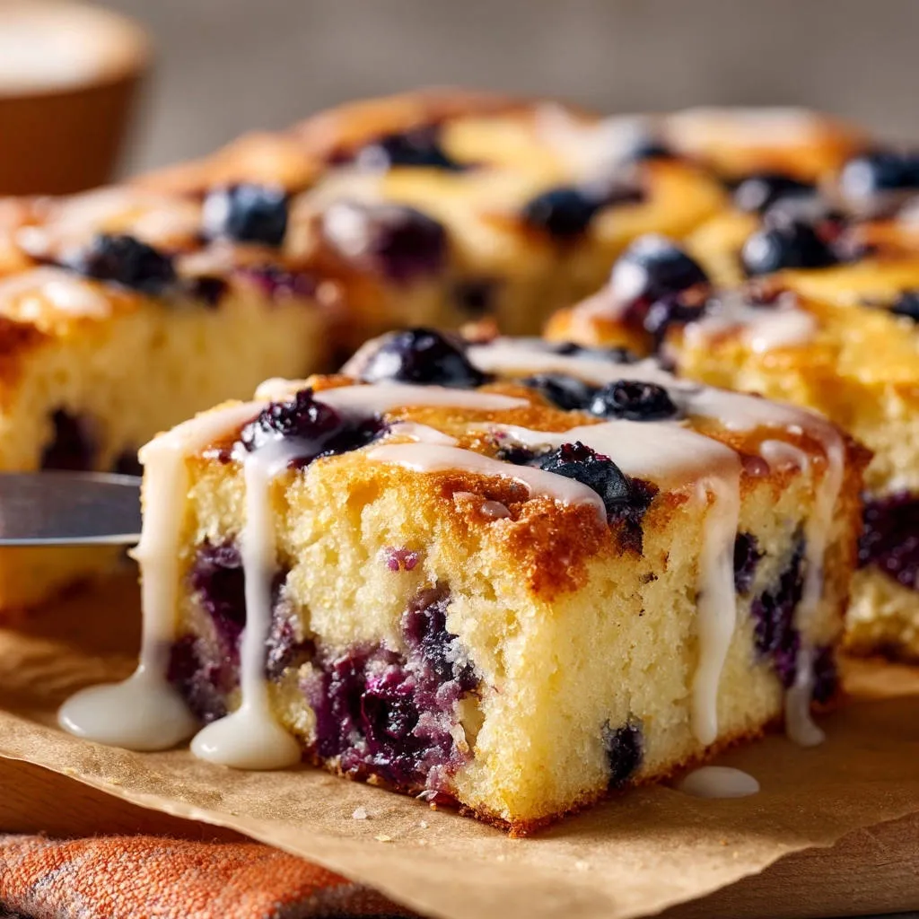 Delightful blueberry cake squares with a close-up view of a slice showing the berry-filled interior and drizzled glaze.