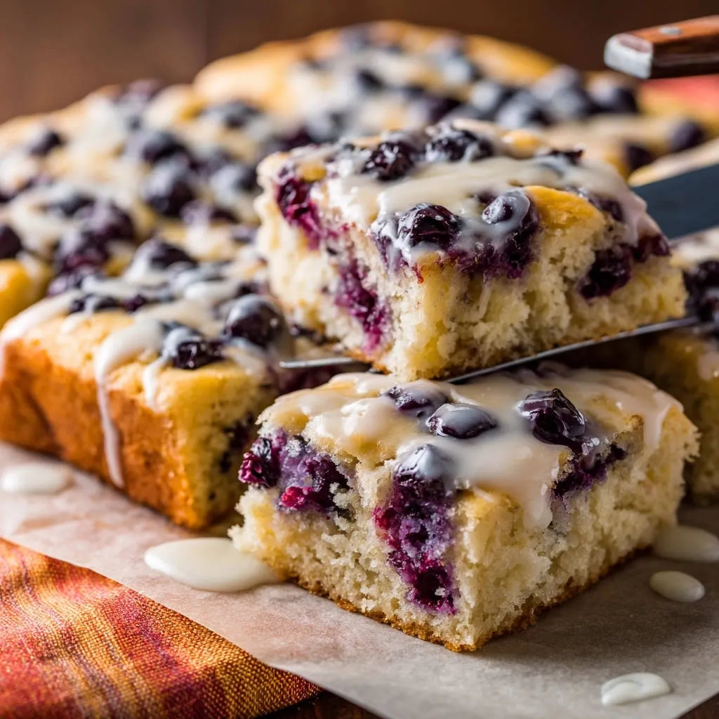 Delightful Blueberry Cake Squares with a close-up view of a slice showing the fluffy interior and sweet glaze.