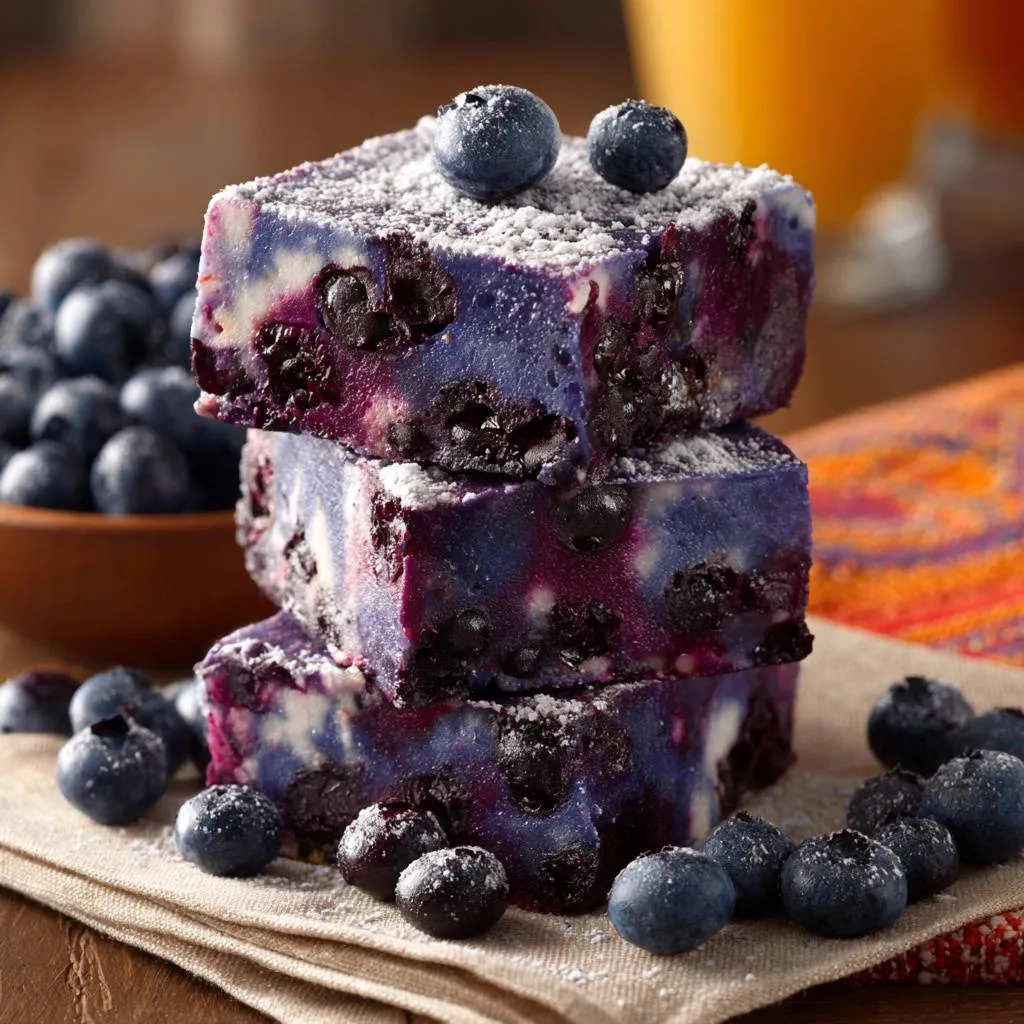 Blueberry swirl bars stacked and dusted with powdered sugar, showcasing a close-up view of their marbled interior.